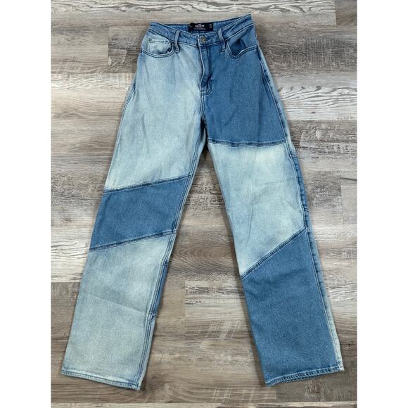 Hollister Patchwork Straight Leg Jeans Blue Two Tone Denim Size 25 - Picture 1 of 10